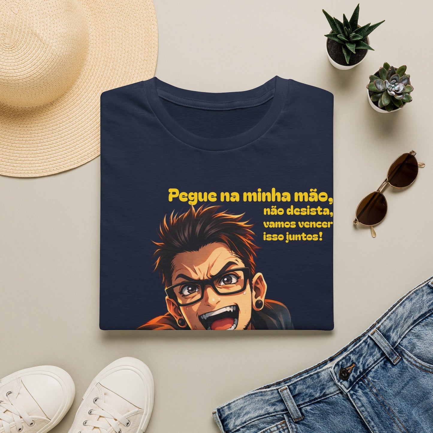 Camiseta — "Pegue na minha mão, não desista, vamos vencer isso juntos!" Camiseta motivacional com gráfico de anime português