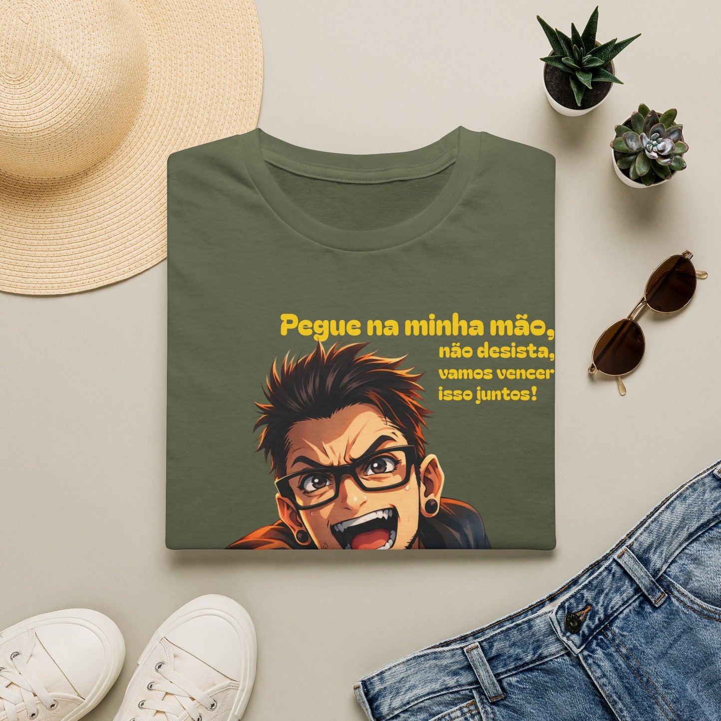 Camiseta — "Pegue na minha mão, não desista, vamos vencer isso juntos!" Camiseta motivacional com gráfico de anime português