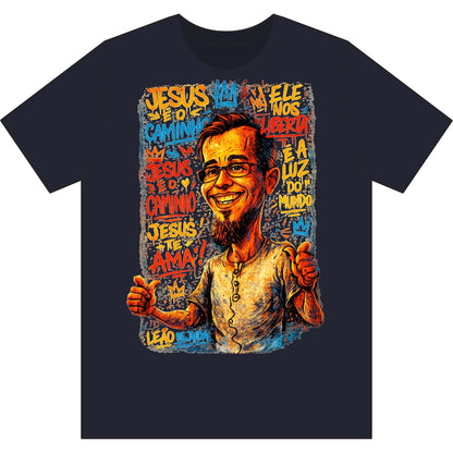 Camiseta com retrato caricatural — Estampa colorida de Azimur sorridente em estilo grafite