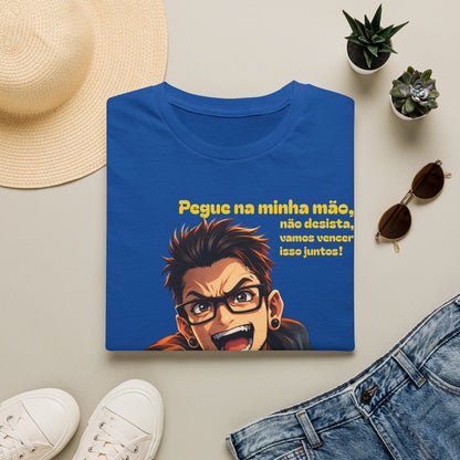 Camiseta — "Pegue na minha mão, não desista, vamos vencer isso juntos!" Camiseta motivacional com gráfico de anime português