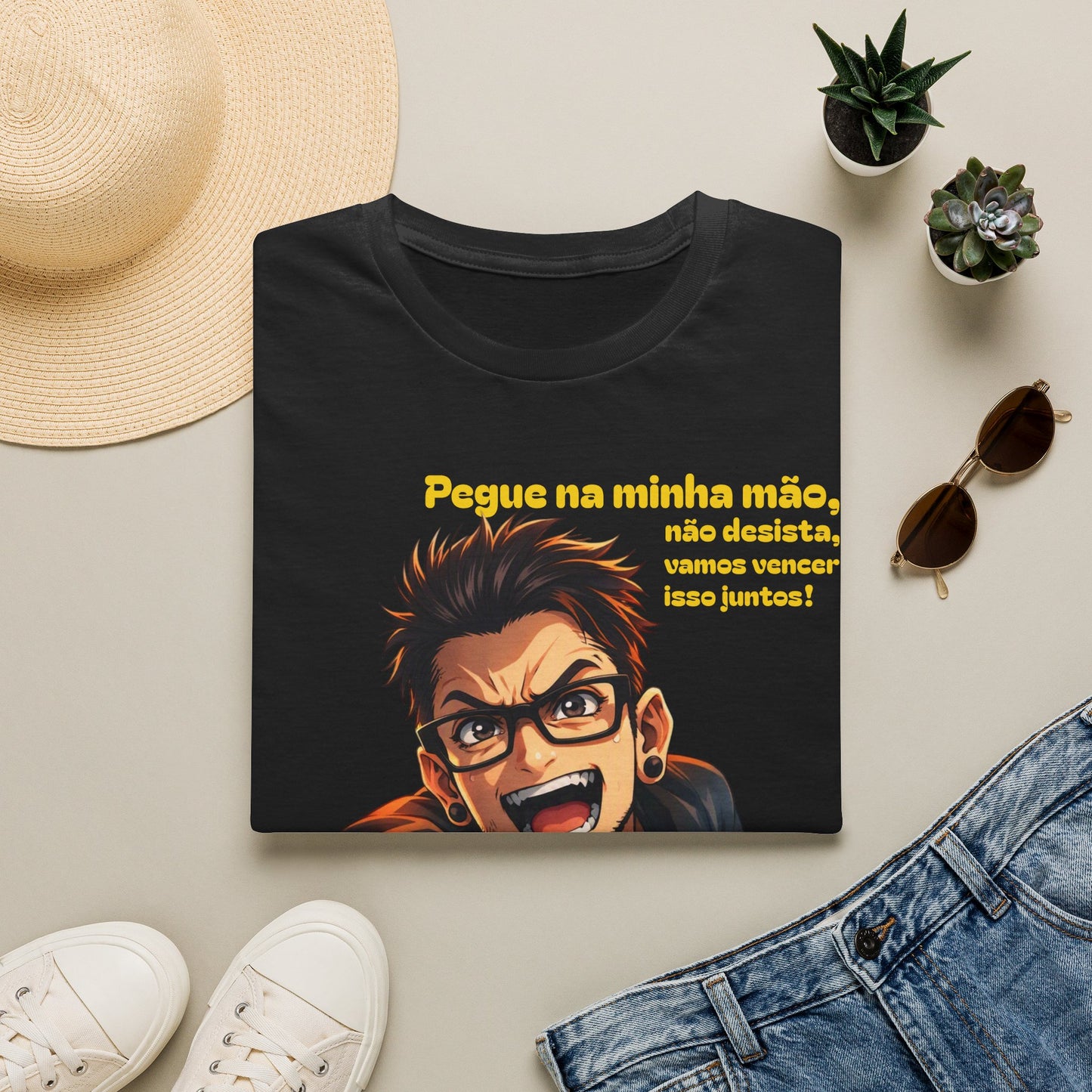 Camiseta — "Pegue na minha mão, não desista, vamos vencer isso juntos!" Camiseta motivacional com gráfico de anime português