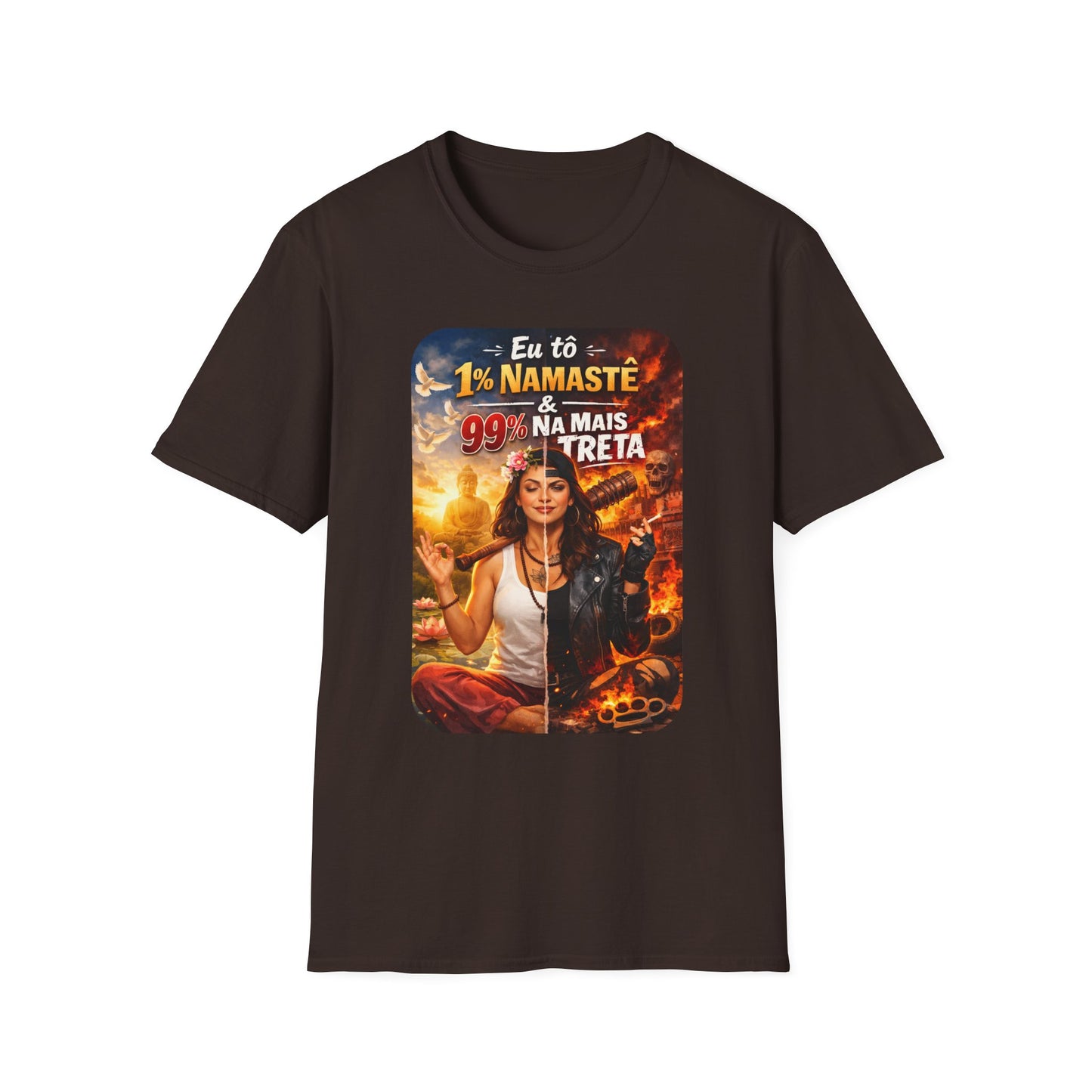 Camiseta "1% Namastê, 99% Treta" — T-shirt Sarcástica em Algodão