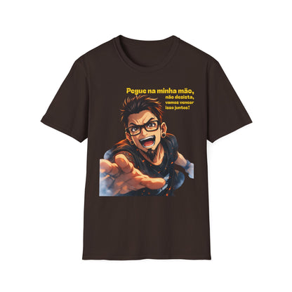 Camiseta — "Pegue na minha mão, não desista, vamos vencer isso juntos!" Camiseta motivacional com gráfico de anime português