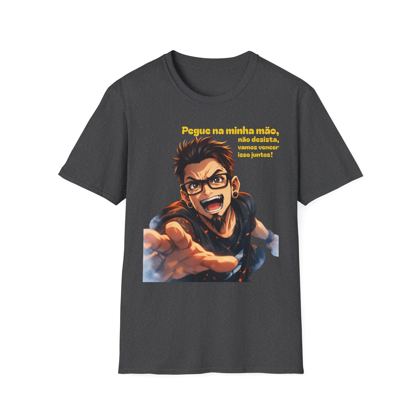 Camiseta — "Pegue na minha mão, não desista, vamos vencer isso juntos!" Camiseta motivacional com gráfico de anime português