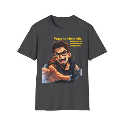 Camiseta — "Pegue na minha mão, não desista, vamos vencer isso juntos!" Camiseta motivacional com gráfico de anime português