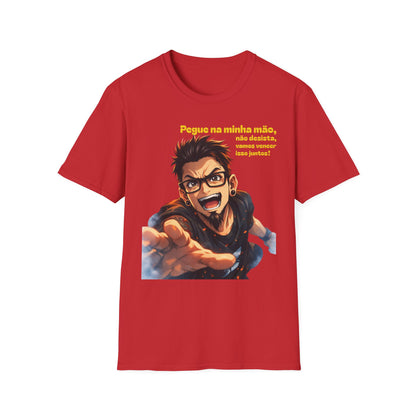 Camiseta — "Pegue na minha mão, não desista, vamos vencer isso juntos!" Camiseta motivacional com gráfico de anime português