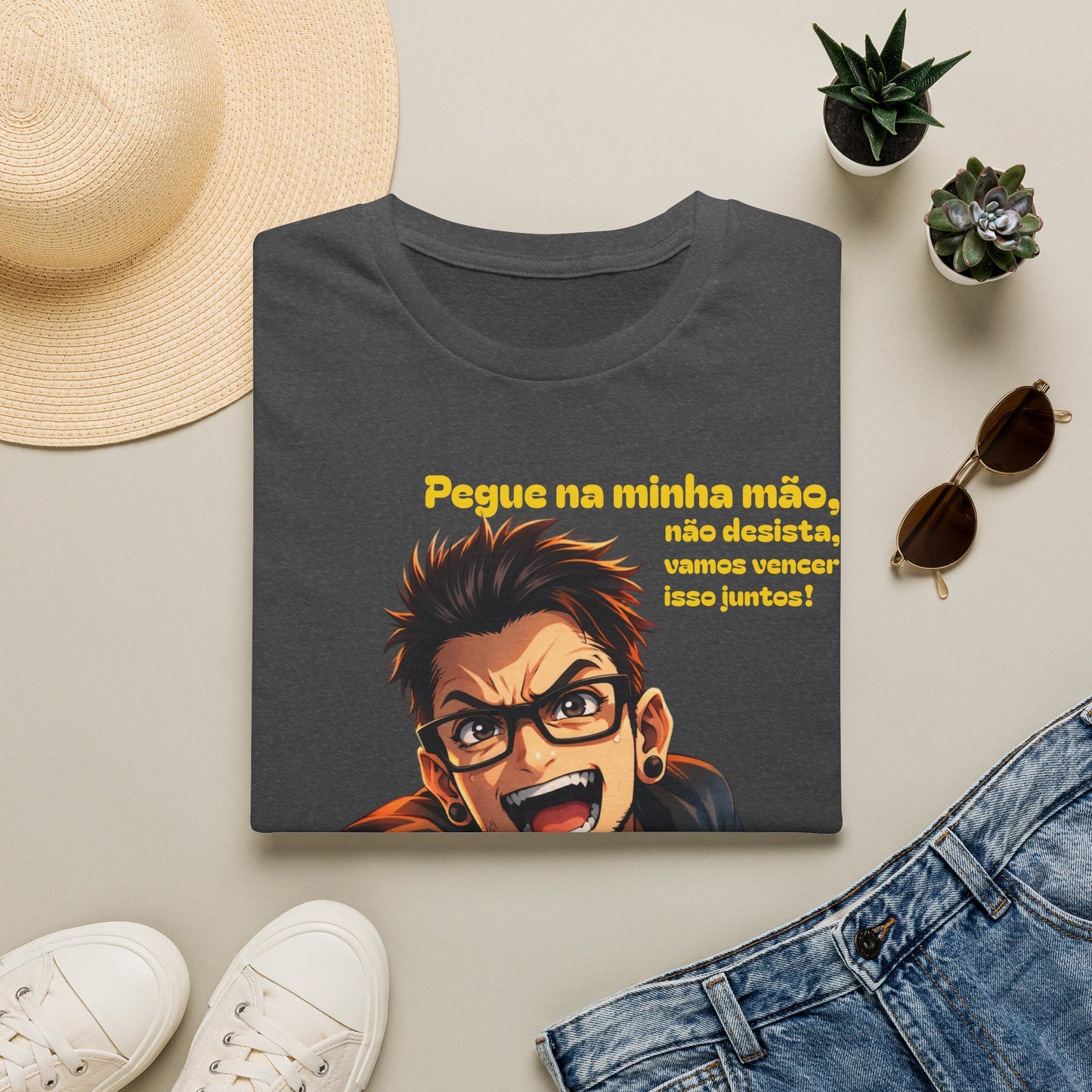 Camiseta — "Pegue na minha mão, não desista, vamos vencer isso juntos!" Camiseta motivacional com gráfico de anime português