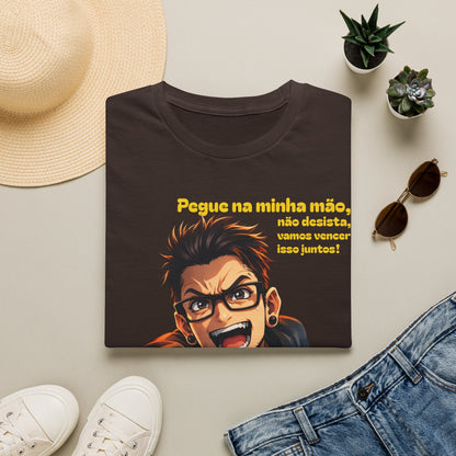 Camiseta — "Pegue na minha mão, não desista, vamos vencer isso juntos!" Camiseta motivacional com gráfico de anime português