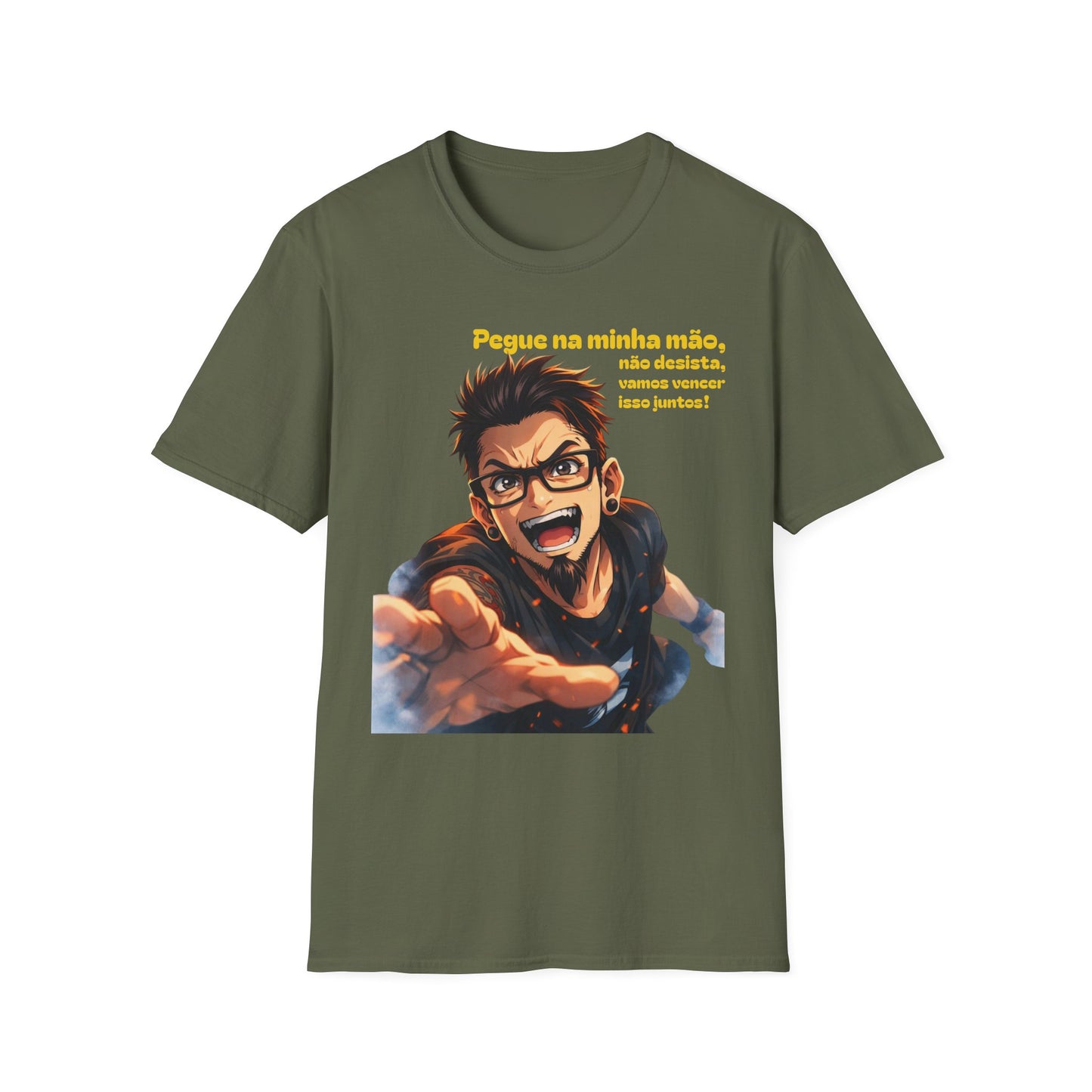 Camiseta — "Pegue na minha mão, não desista, vamos vencer isso juntos!" Camiseta motivacional com gráfico de anime português