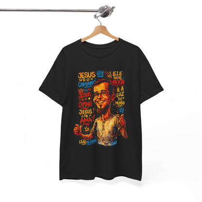 Camiseta com retrato caricatural — Estampa colorida de Azimur sorridente em estilo grafite