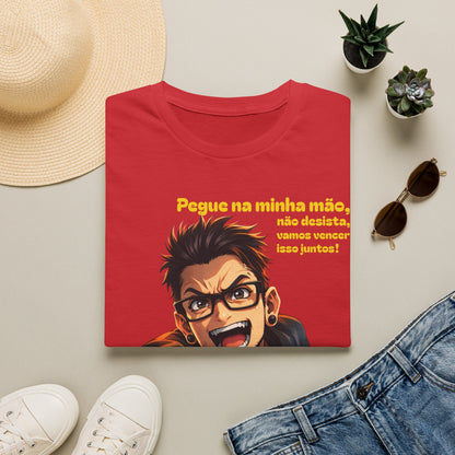 Camiseta — "Pegue na minha mão, não desista, vamos vencer isso juntos!" Camiseta motivacional com gráfico de anime português