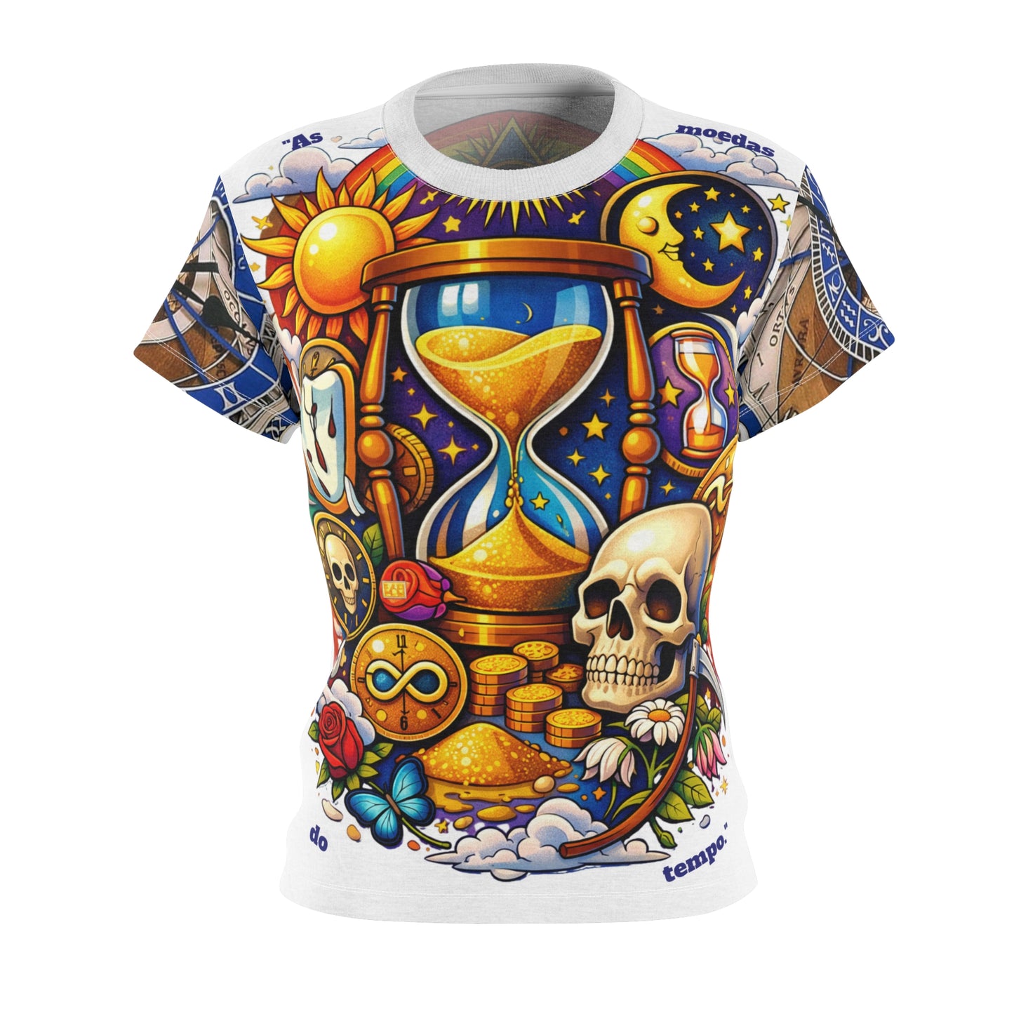Camiseta As Moedas do Tempo — Estampa Poética Sobre Tempo e Consciência