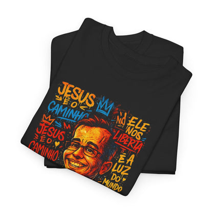 Camiseta com retrato caricatural — Estampa colorida de Azimur sorridente em estilo grafite