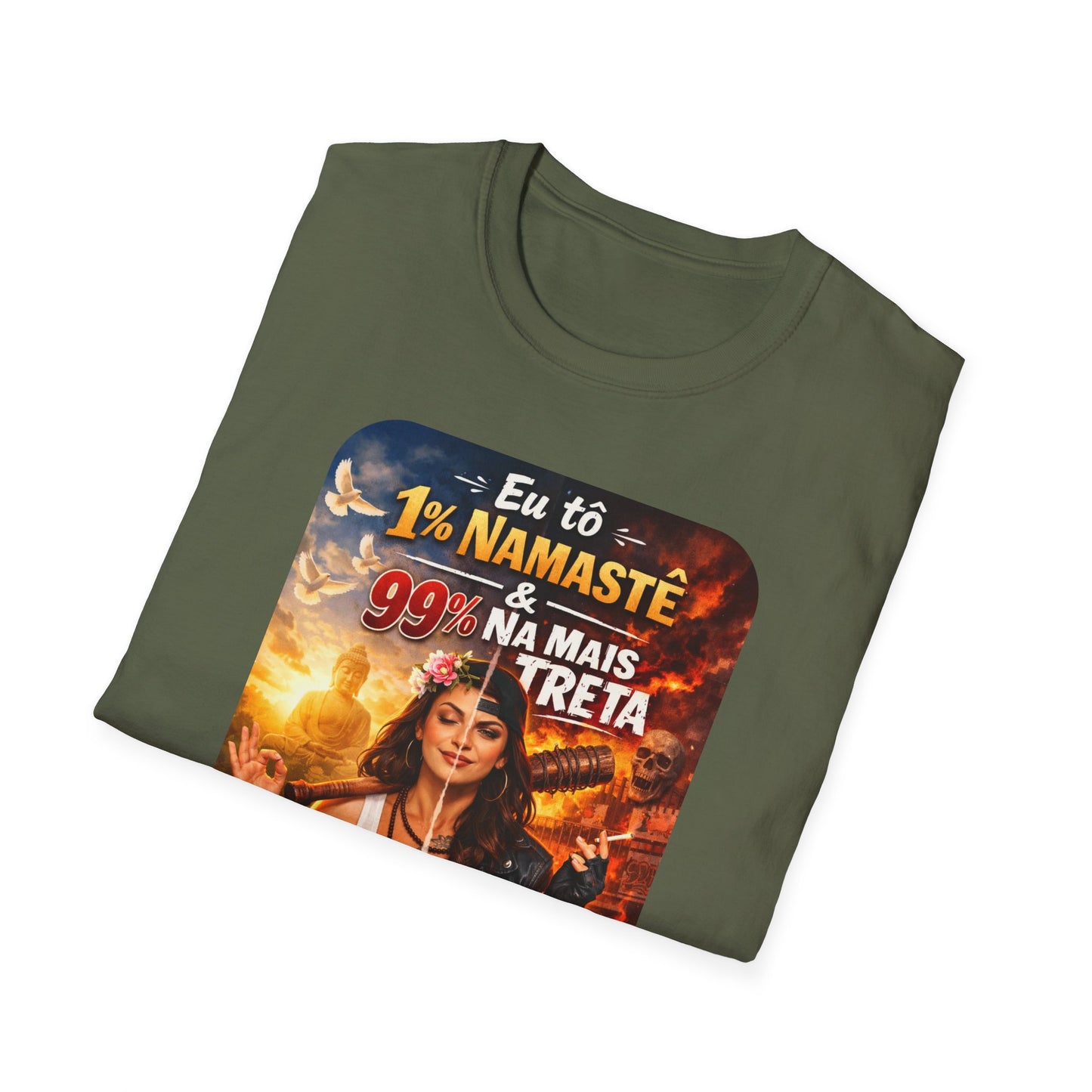 Camiseta "1% Namastê, 99% Treta" — T-shirt Sarcástica em Algodão