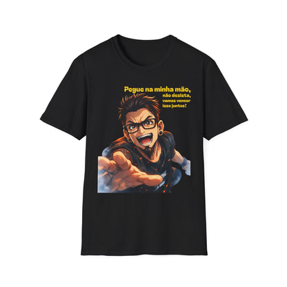 Camiseta — "Pegue na minha mão, não desista, vamos vencer isso juntos!" Camiseta motivacional com gráfico de anime português