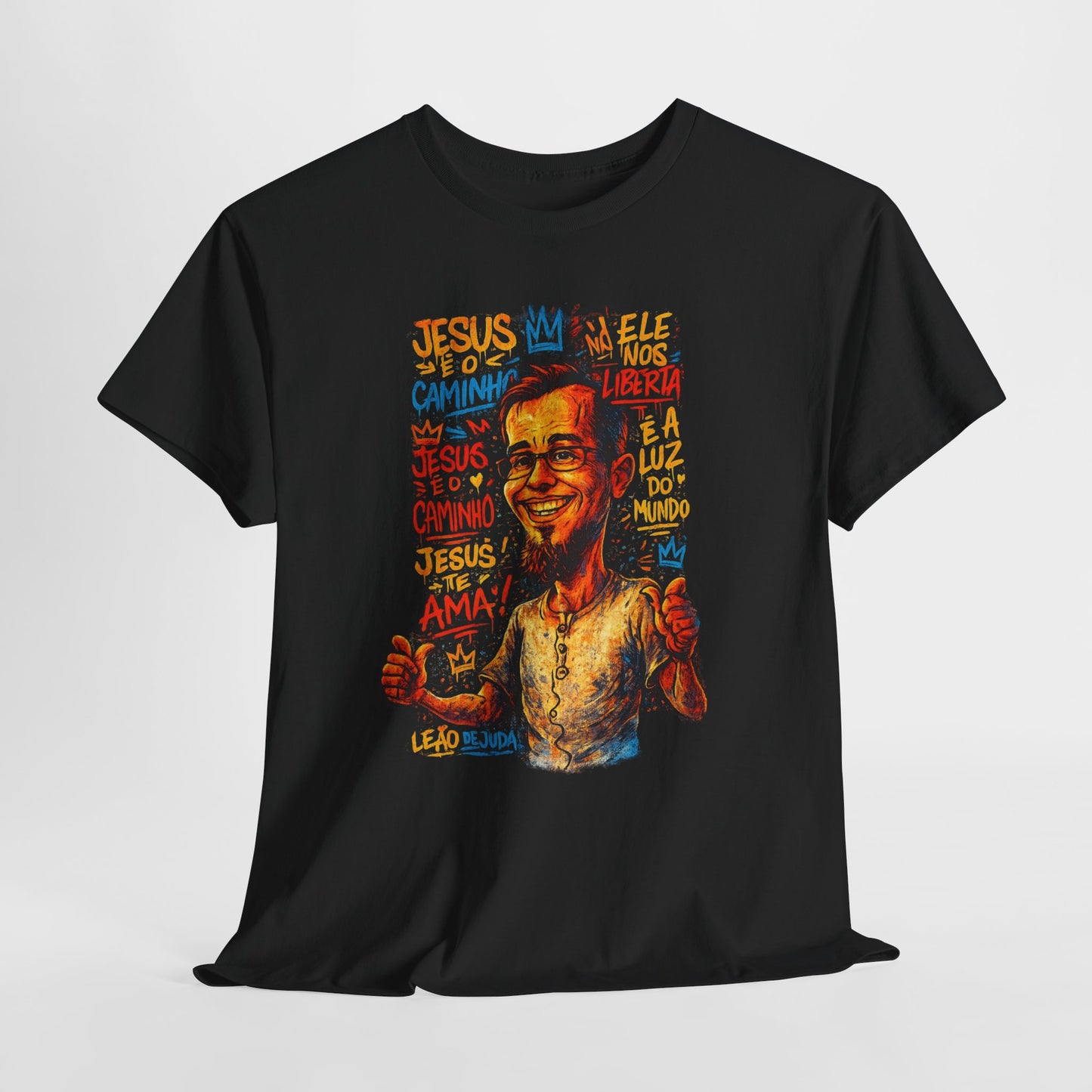 Camiseta com retrato caricatural — Estampa colorida de Azimur sorridente em estilo grafite