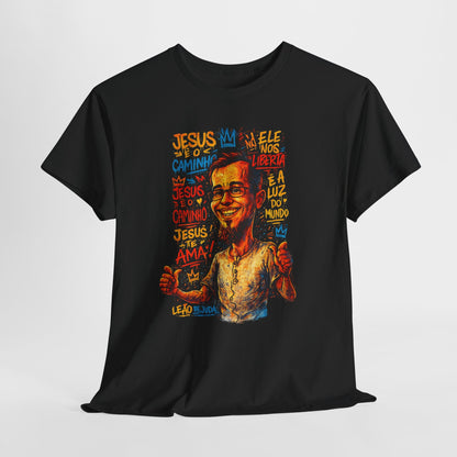 Camiseta com retrato caricatural — Estampa colorida de Azimur sorridente em estilo grafite