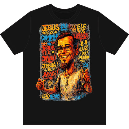 Camiseta com retrato caricatural — Estampa colorida de Azimur sorridente em estilo grafite