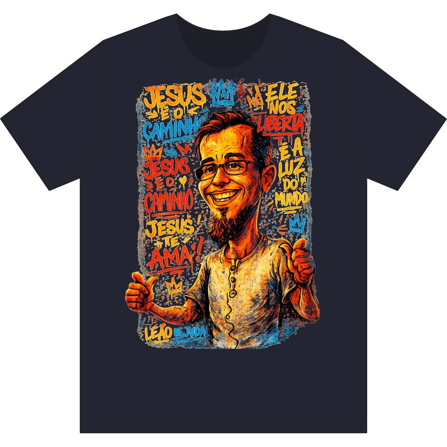Camiseta com retrato caricatural — Estampa colorida de homem sorridente em estilo grafite